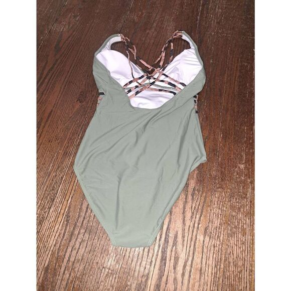 New Small Green Cheetah Leopard Print Strappy Swimsuit Bathing Suit 1 Piece - Picture 2 of 4